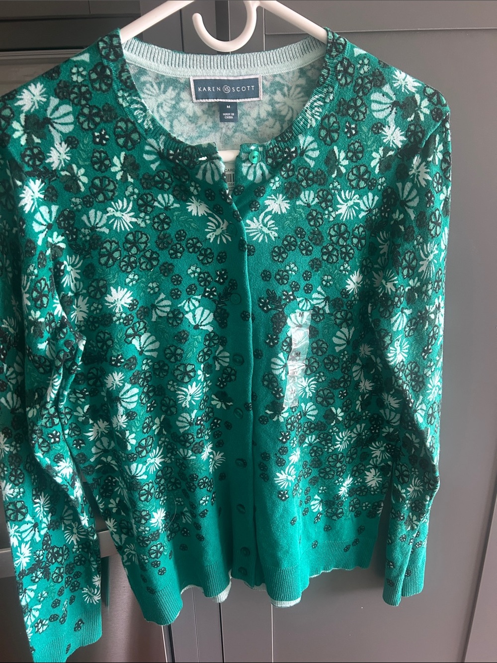 NWT Karen Scott Teal Green Floral Button-Front Cardigan (M)